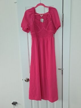 Bright Pink Smocked Bodice Maxi Dress with Puff Sleeves